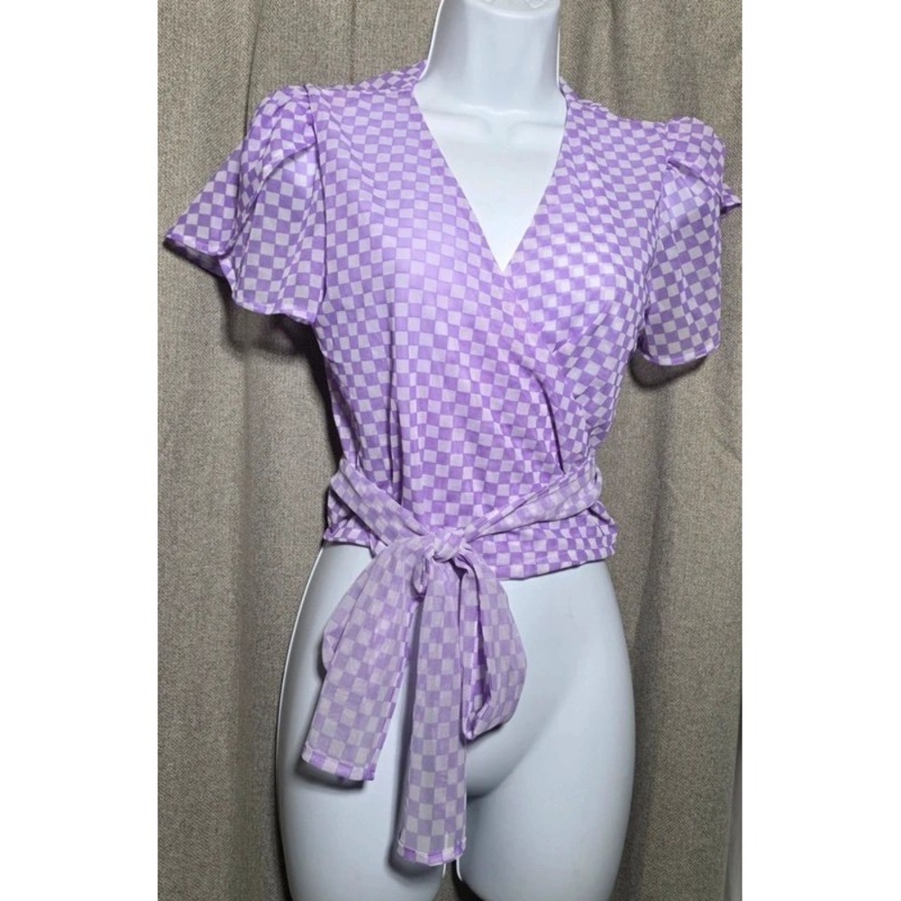 New Fashion Purple Checkered Sheer Wrap Top Cropped Flutter Sleeve Blouse Large